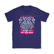 Wife Of A Dirt Track Racer apparel collection featuring classic women's t-shirts, lightweight racerback tanks, and a cozy fleece unisex hoodie for trackside racing fans.